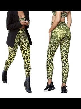 Good American Leopard Leggings Sun Beam Neon Active Yoga Size 1 Small